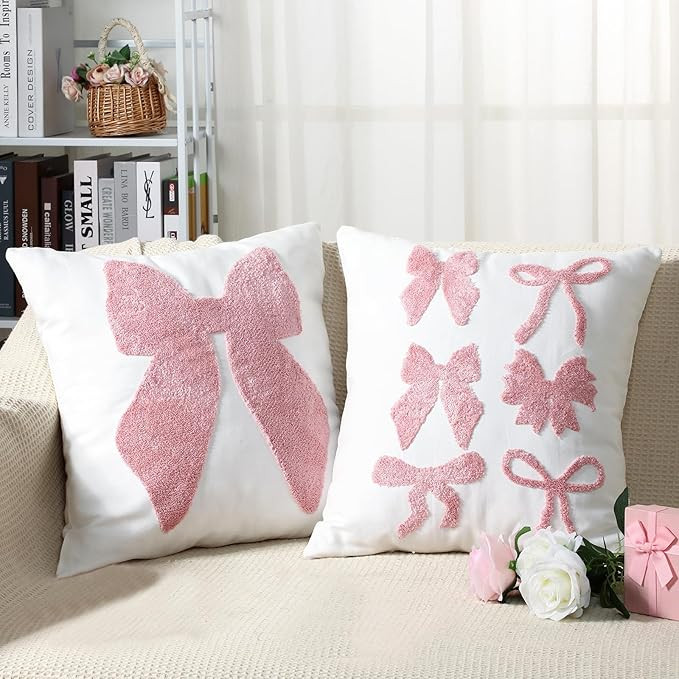 2 Pcs Pink Bow Coquette Pillow Covers Embroidered Pillow Cases 18x18 Set of 2 Pink Bow Decoration... | Amazon (US)