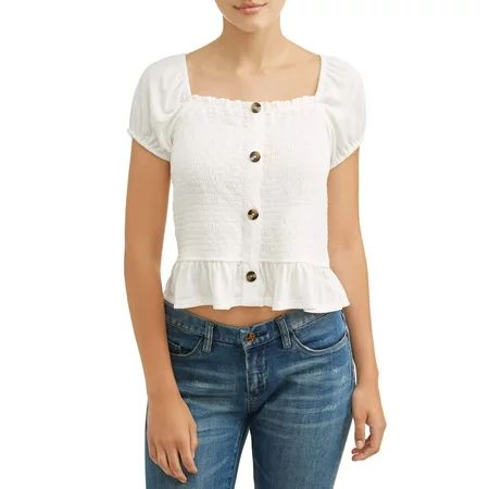 Juniors' Smocked Button Front Cap Puff Sleeve Blouse | Walmart (US)
