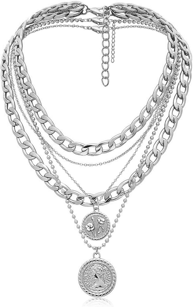 Gold Layered Necklaces for Women Chunky Choker Link Chain Trendy Retro Coin 14K Pendant Necklace ... | Amazon (US)