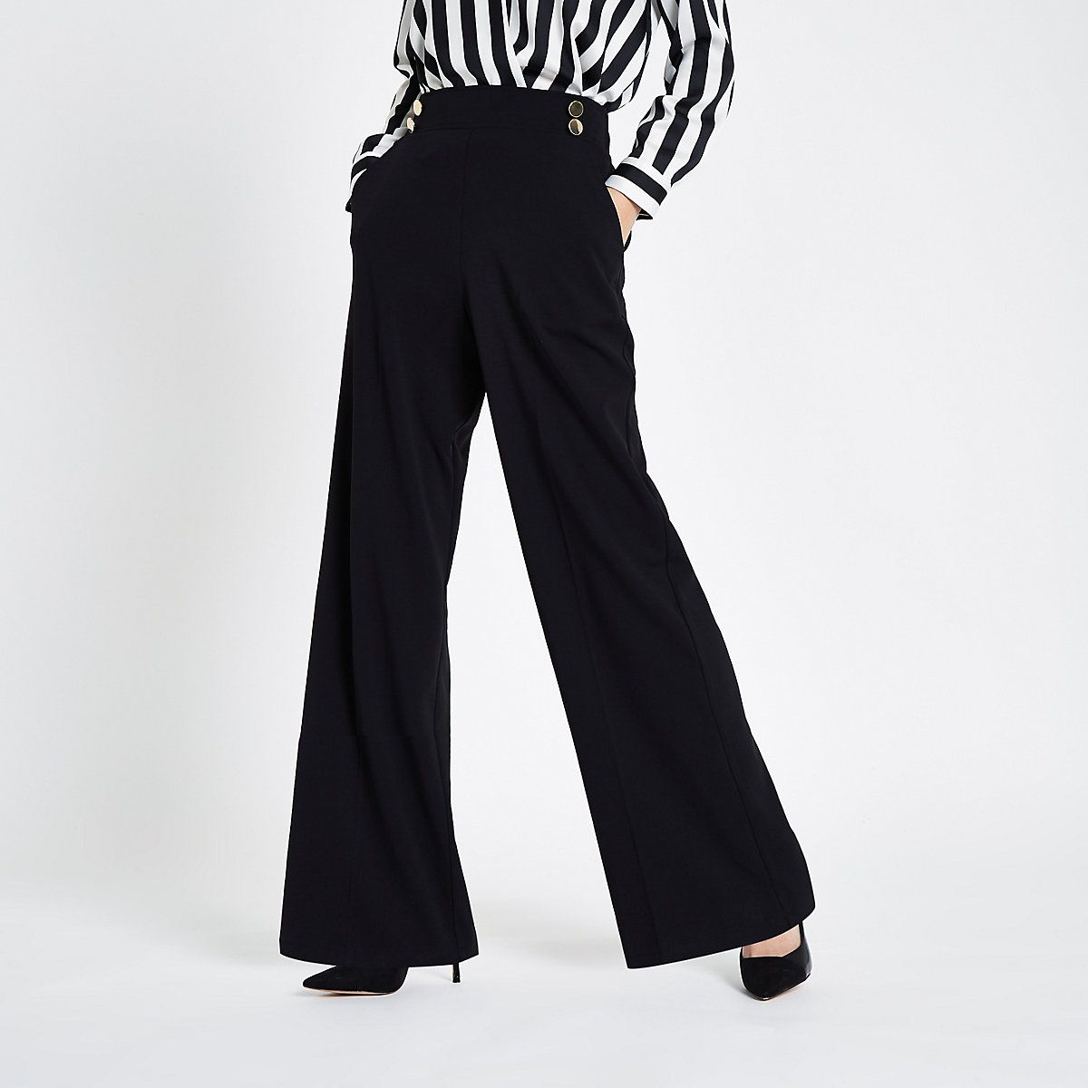 Black double button wide leg pull on trousers | River Island (UK & IE)