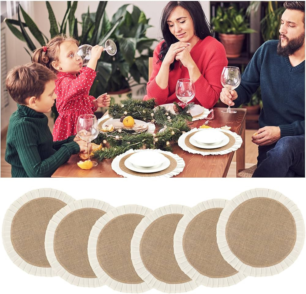 6 Pcs Christmas Burlap Placemats Ruffle Edge Round Placemats 15 Inch Rustic Table Mats for Dining... | Amazon (US)