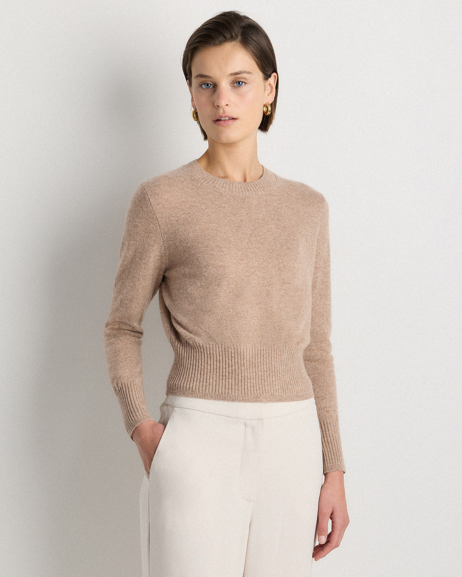 Quince | Women's Mongolian Cashmere Shrunken Crewneck Sweater in Oatmeal, Size XL | Quince