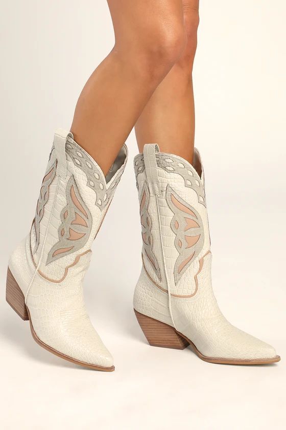 Wynter Bone Multi Croc-Embossed Leather Mid-Calf Western Boots | Lulus (US)