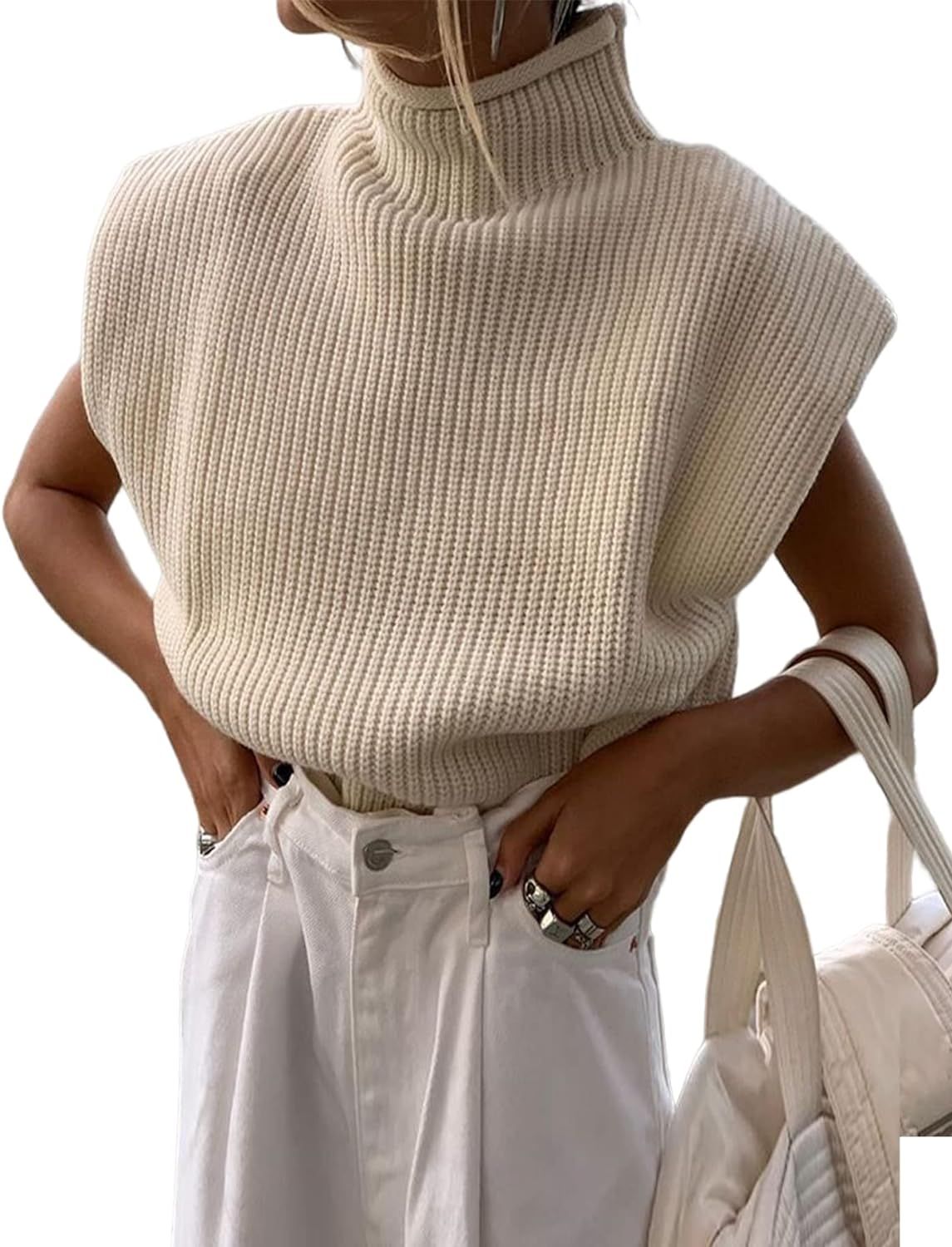 Women's Knit Sweater Vest Sleeveless Shoulder Pad Turtleneck Pullover Solid Knitted Top | Amazon (US)