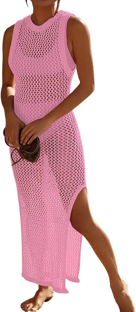 Bsubseach Crochet Swim Coverup Sleeveless Knitted Cover Up Dress | Amazon (US)