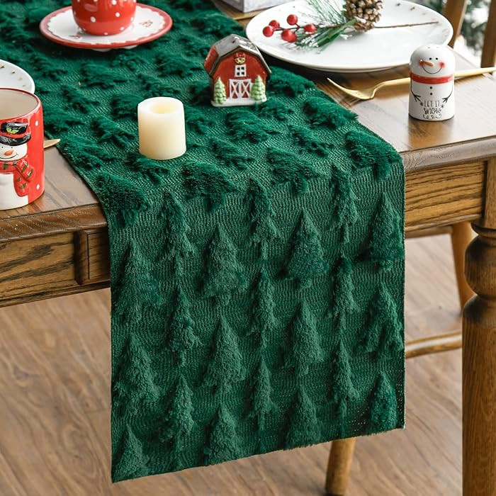 Artoid Mode Green Christmas Trees Soft Plush Faux Fur Jacquard Christmas Table Runner, Holiday Ki... | Amazon (US)