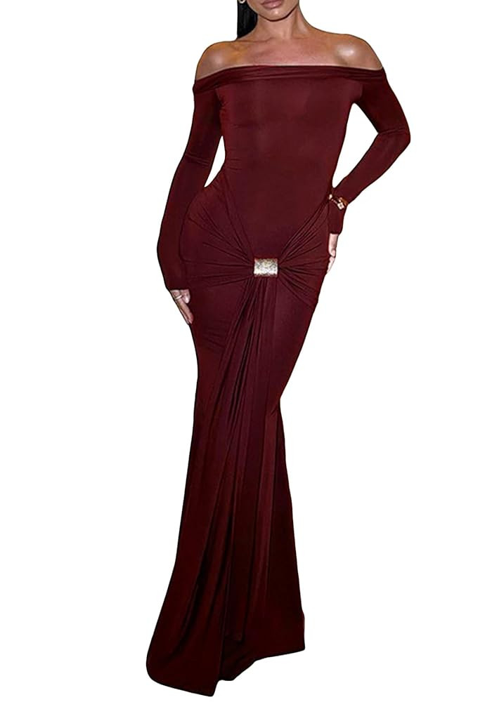 Unybwonn Sexy Off Shoulder Maxi Dress for Women Bodycon Stretchy Long Sleeve Wrap Dresses Party C... | Amazon (US)