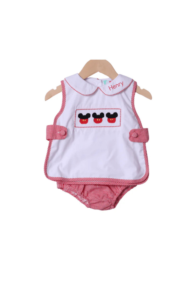 Smocked Mouse Red Gingham Apron Diaper Set | The Smocked Flamingo