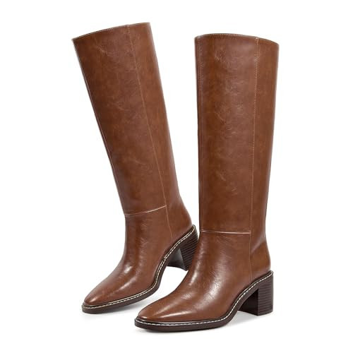 Wetkiss Women's Knee High Wide Calf Brown Riding Boots - Mid Chunky Heel Slip On Long Tall Boots Size 9.5 PU Leather | Amazon (US)