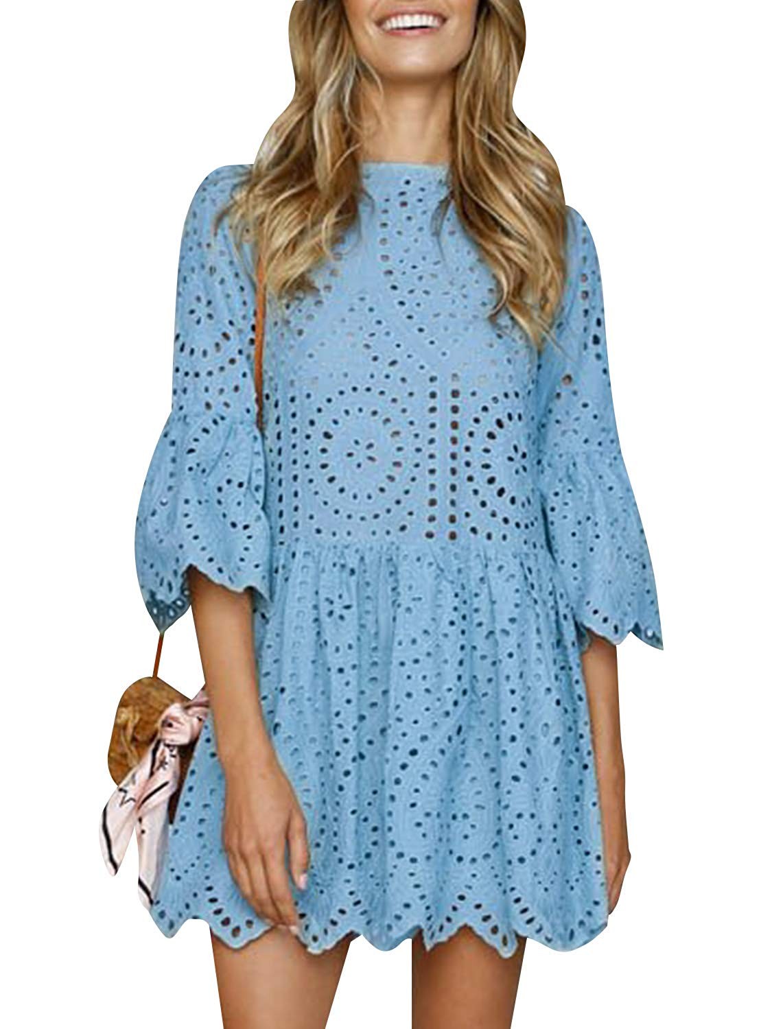 Simplee Women's Elegant Half Flare Sleeves High Waist Hollow Out Mini Dress | Amazon (US)
