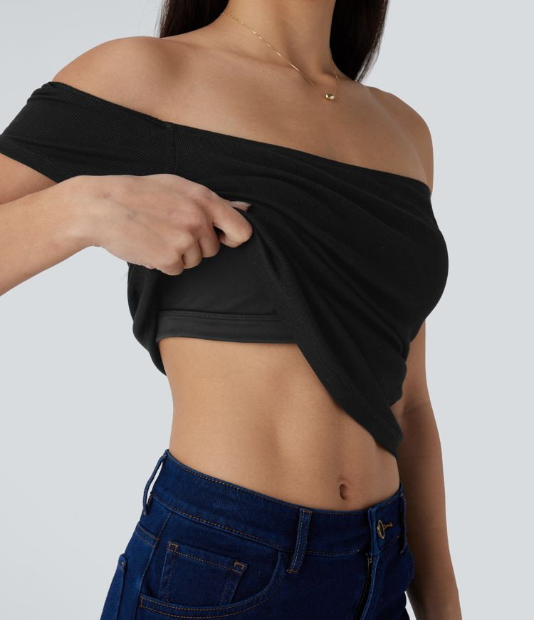 Women’s Ribbed Knit Off Shoulder Short Sleeve Backless 2-in-1 Casual Top - Halara | HALARA