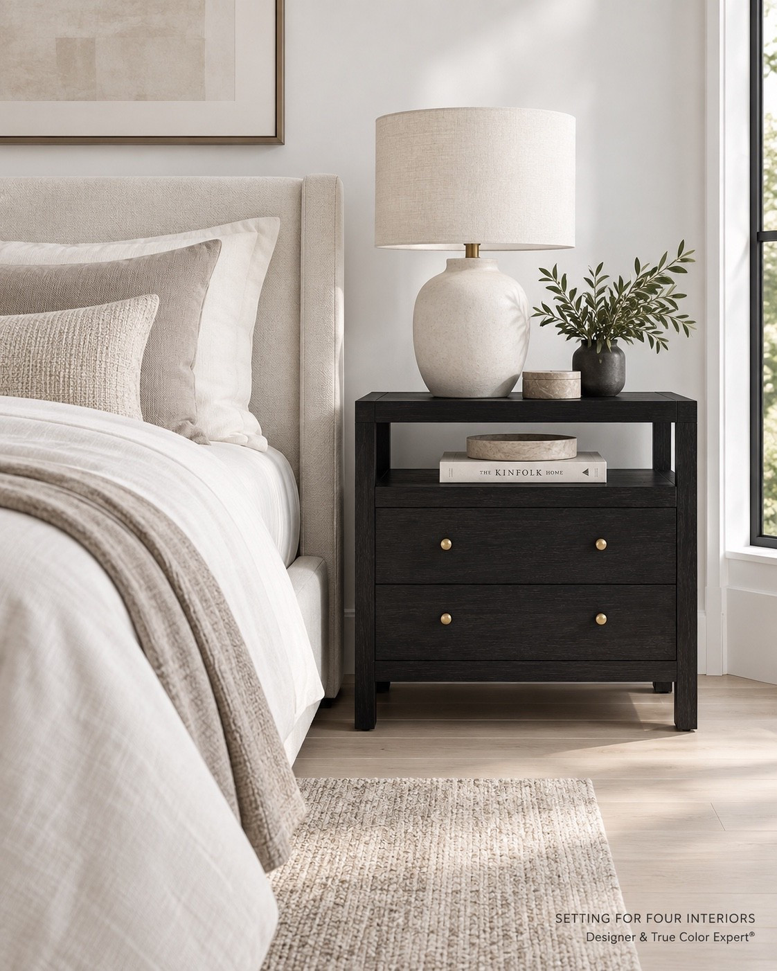 Cozy bedroom with black nightstand, upholstered bed, table lamp and bedding. Organic modern, transitional, new traditional, rug, decor, drawer organizers, Amazon home, Crate & Barrel, Wayfair, Nancy Meyers style, restoration hardware

#LTKSaleAlert #LTKHome #LTKselfcare