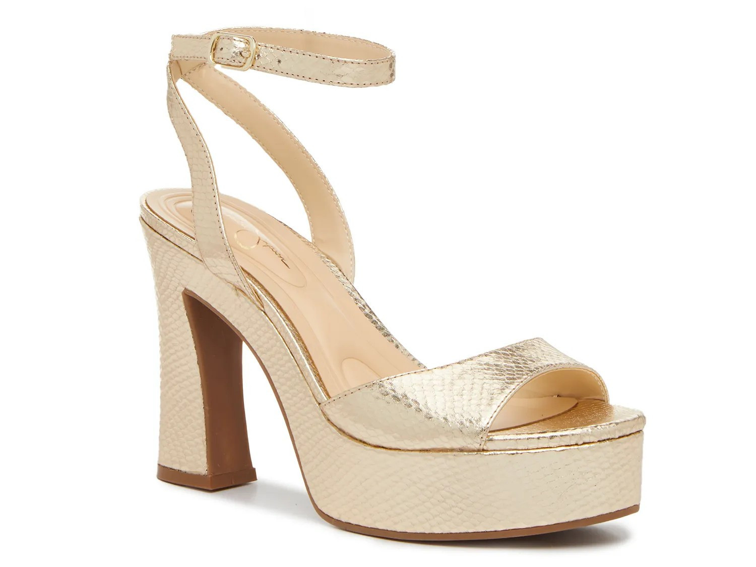 Jessica Simpson Jetteo Platform Sandal | Women's | Gold Metallic Snake Print Synthetic | Size 5.5 | Sandals | Ankle Strap | DSW