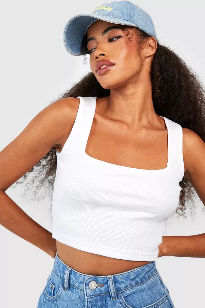 Basic Rib Square Neck Wide Strap Tank Top | boohoo (US & Canada)