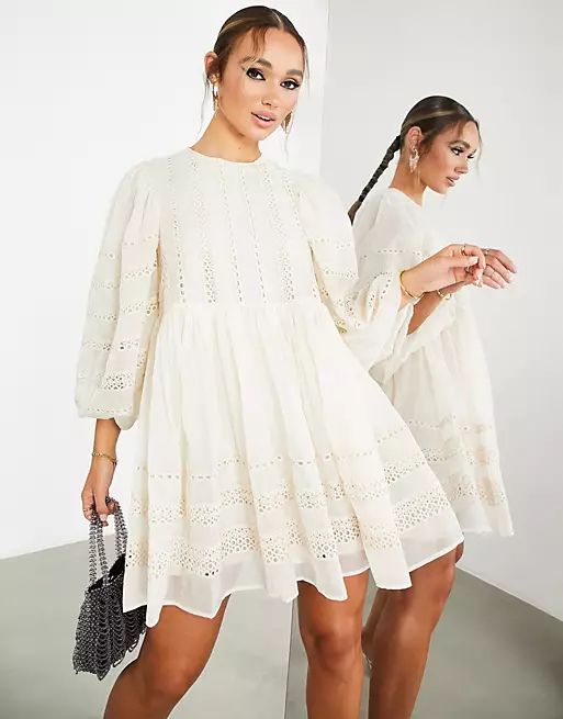 ASOS EDITION volume sleeve mini smock dress with linear lace trim in cream | ASOS (Global)