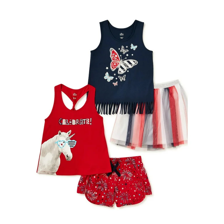 Girls Patriotic 4th of July Tank Top, Skirt, and Shorts 4-Piece Outfit Set, Sizes 4-18 | Walmart (US)