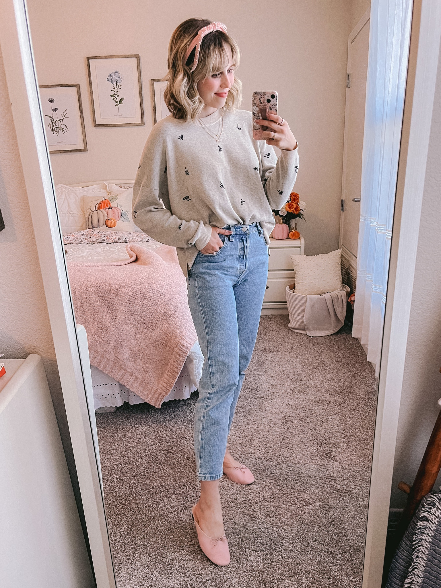 Fall ootd, casual fall outfit, bow printed sweater, hair bow, bow headband, ballet flats, ballet flat mules 

#LTKsalealert #LTKSeasonal #LTKstyletip