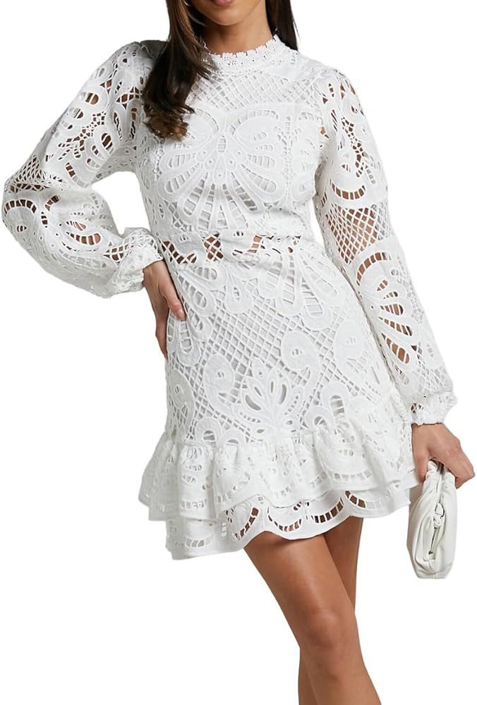 Women's Spring Long Sleeve Embroidery Mini Dress Ruffle Hollow Out Sexy Lace Dress | Amazon (US)