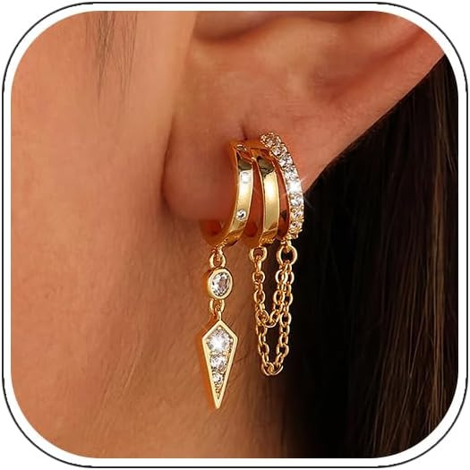 Gold Dangle Earrings for Women, 14k Gold Plated Stacked Triple Hoop Illusion Earrings Cubic Zirco... | Amazon (US)
