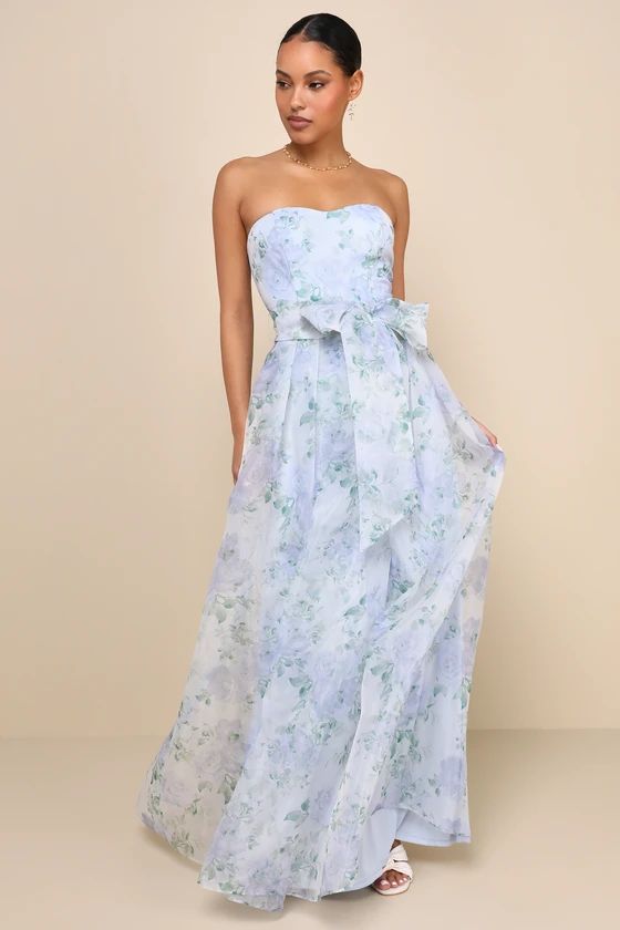 Charming Sweetness Periwinkle Floral Organza Pleated Maxi Dress | Lulus