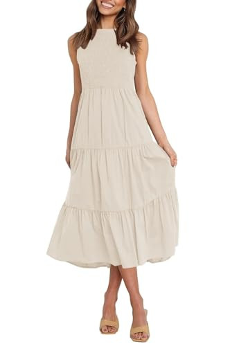 ZESICA Women's 2024 Summer Casual Sleeveless Crew Neck Smocked High Waist Flowy Tiered A Line Midi Dress,Beige,Medium | Amazon (US)