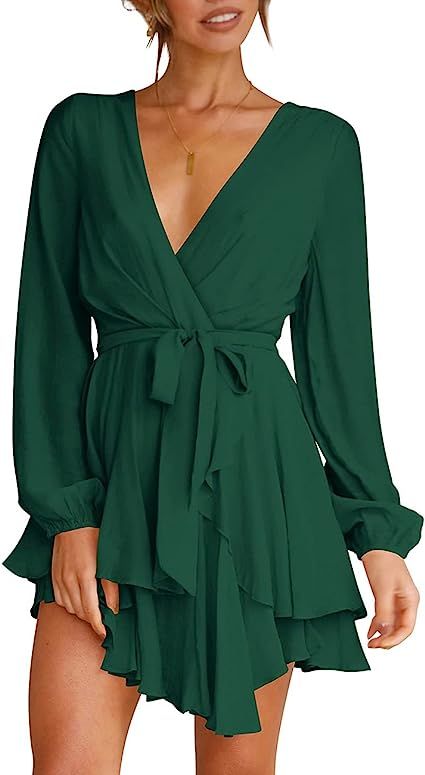 Womens Mini Dress Deep V-Neck Long Sleeve Tie Waist Flare Short Dresses Green S at Amazon Women... | Amazon (US)