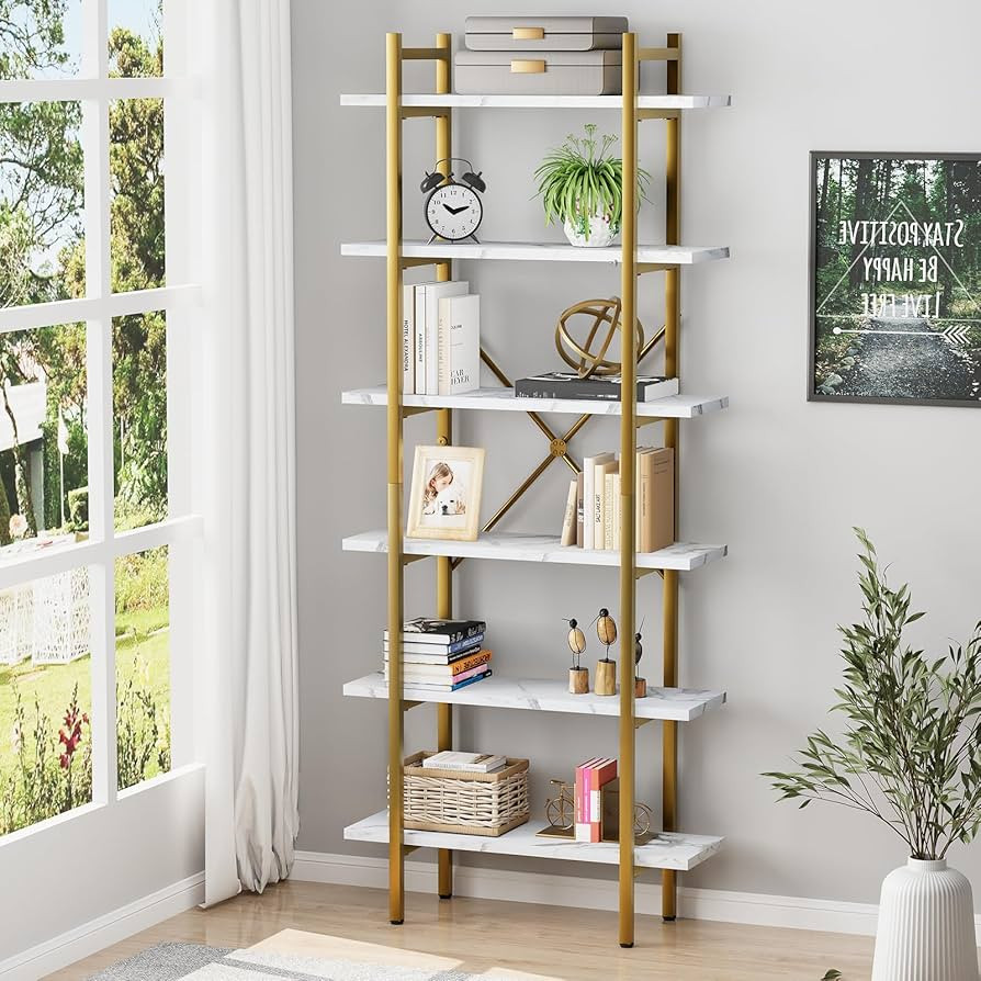 6 Tiers Bookshelf Organizer White Faux Marble Shelf,Modern Open Display Storage Bookcase, and Met... | Amazon (US)