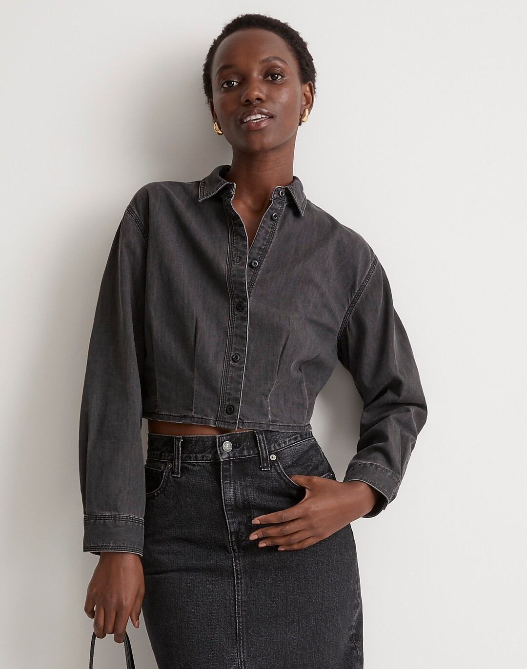 Denim Pleated Cropped Button-Up Shirt | Madewell