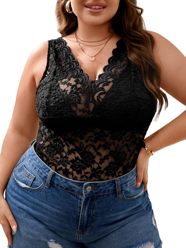SOLY HUX Women's Plus Size Floral Lace Sheer V Neck Scalloped Trim Sleeveless Tank Tops | Amazon (US)
