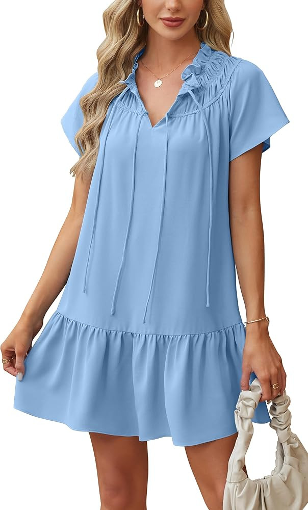 Angashion Womens Summer Mini Dress Short Sleeves V Neck Dresses Ruffle Casual Tie Sundress with P... | Amazon (US)