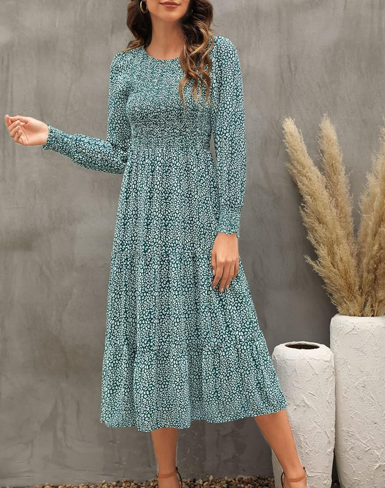Vivilime Women Long Sleeve Fall Dresses Smocked Bodice and Cuffs Boho Floral Tiered Casual Midi Dres | Amazon (US)