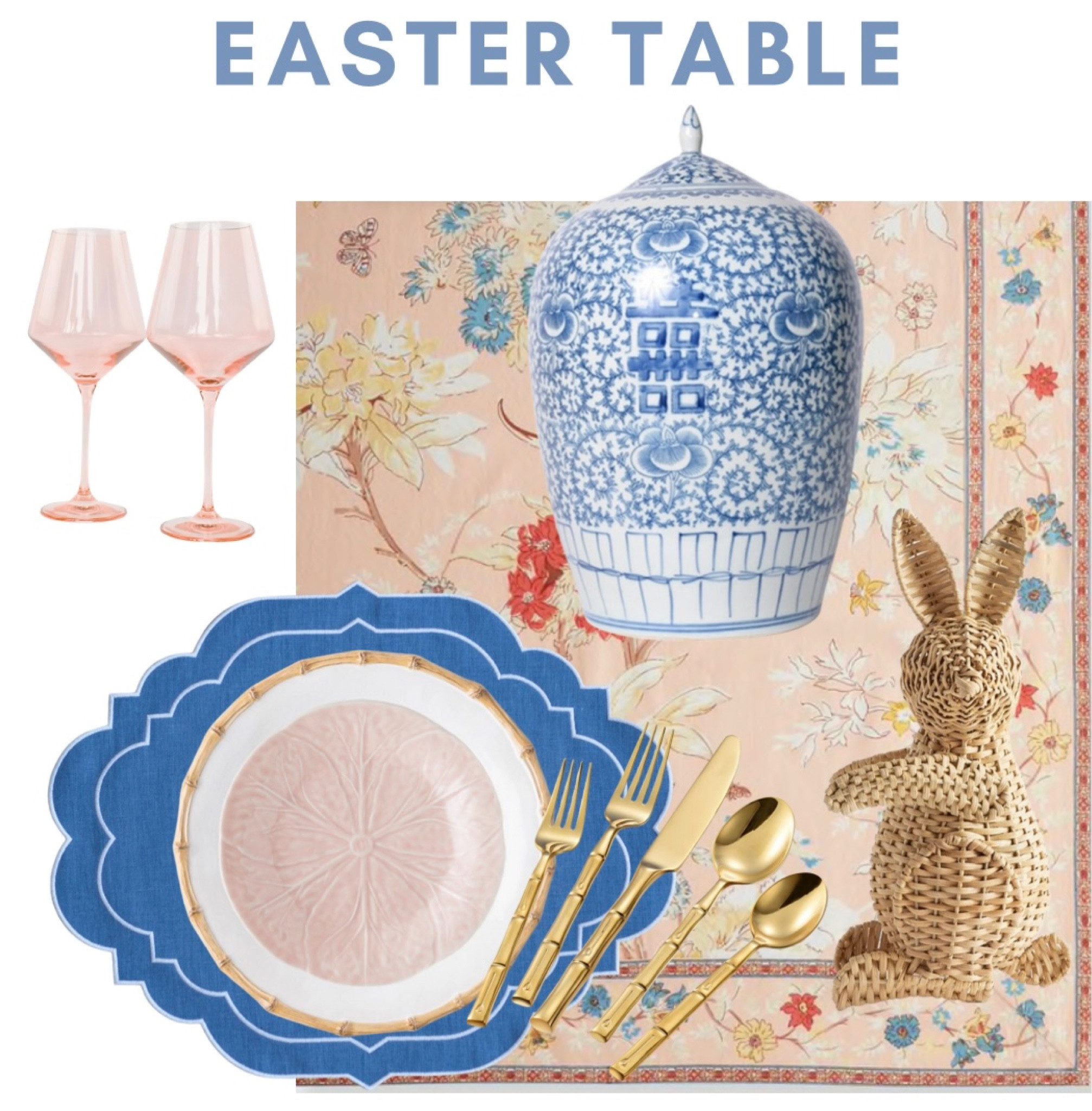 Easter table setting // grandmillennial // preppy // scalloped placemats // ginger jar // tablecloth // colored wine glass // bamboo plate // juliska // pink cabbage plate // gold bamboo flatware // rattan butter // Easter 

#LTKFind #LTKSeasonal #LTKhome