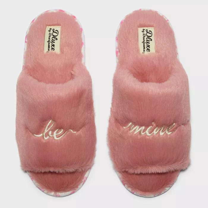 Women's dluxe by dearfoams Be Mine Fur Slide Slippers - Pink XL | Target