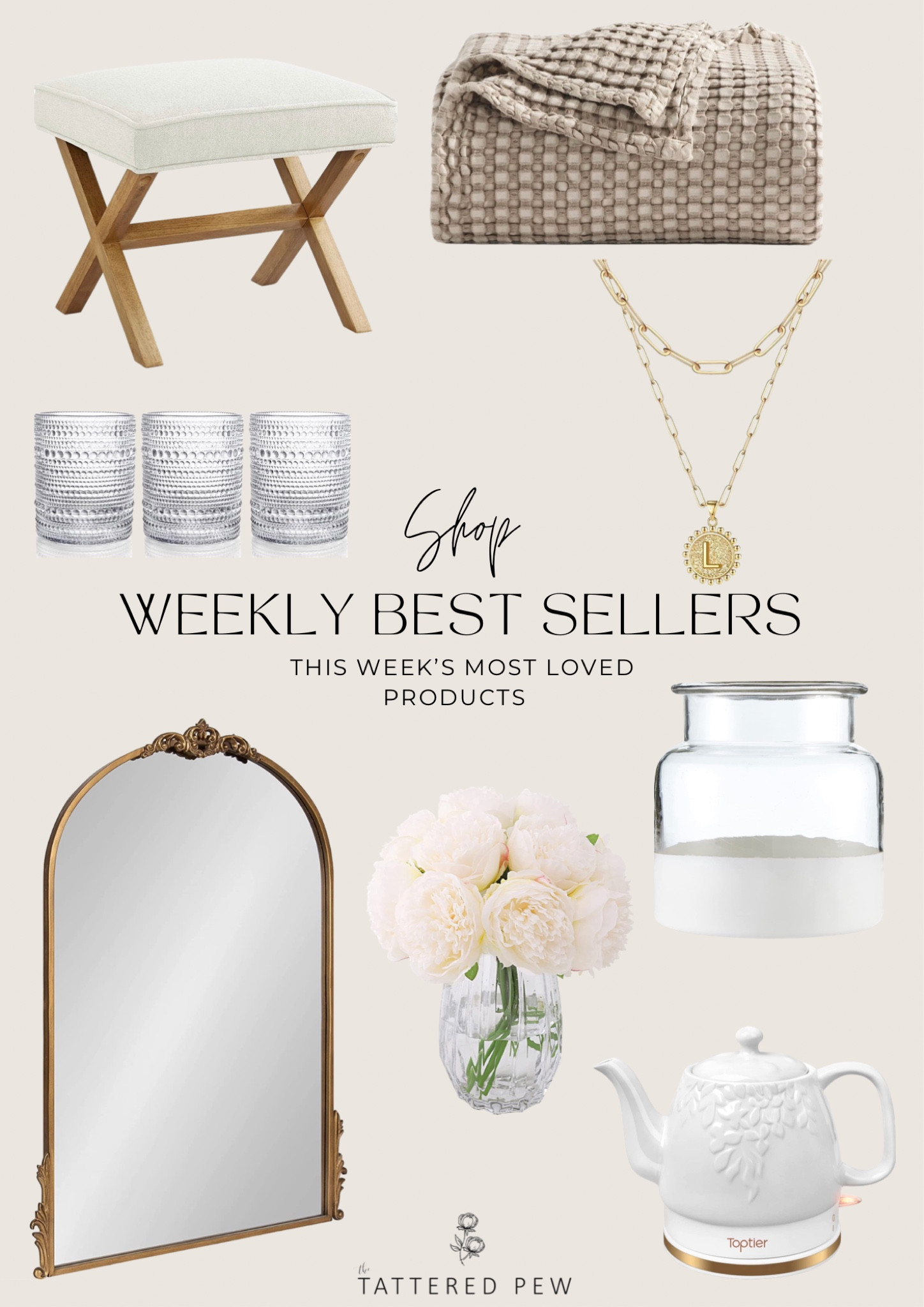 Shop my favorite weekly best seller products from Amazon! Mid-century modern stool ottoman, matte white decorative jar vase, silk peony flower arrangement, antique vintage mirror, antique vintage kitchen glasses, electric tea kettle, waffle knit blanket throw, gold initial necklace  

#LTKstyletip #LTKFind #LTKhome