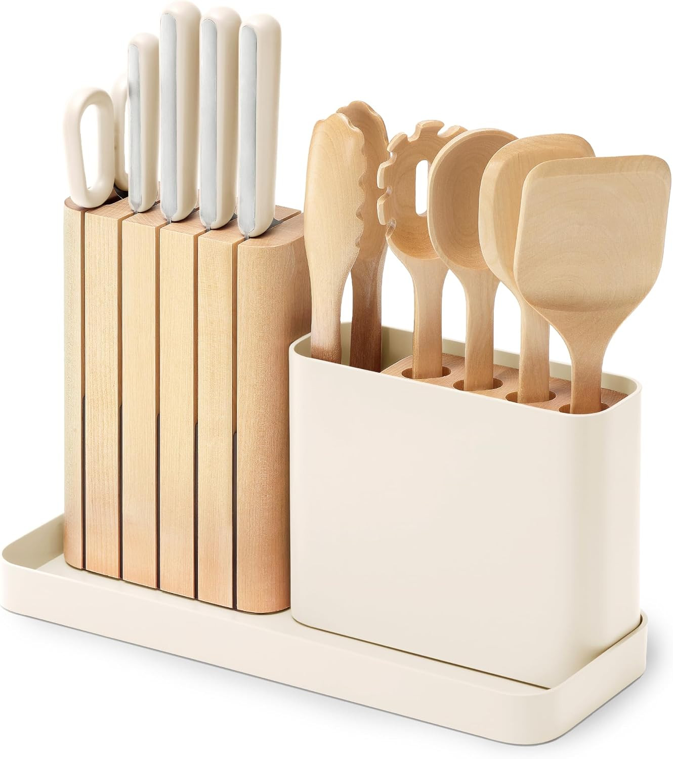 Caraway 14-Piece Kitchen Prep Set - Kitchen Knife Set & Wooden Utensil Set - Made With Premium German Steel Blades & FSC-Certified Birch Wood - Non-Toxic Materials - Includes Organizer - Cream | Amazon (US)