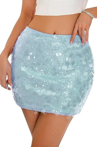 GUANYY Women's Sequin Skirt Stretchy Bodycon Mini Sexy Sparkly Skort with Shorts Underneath Crystal Breeze Blue X-Large | Amazon (US)