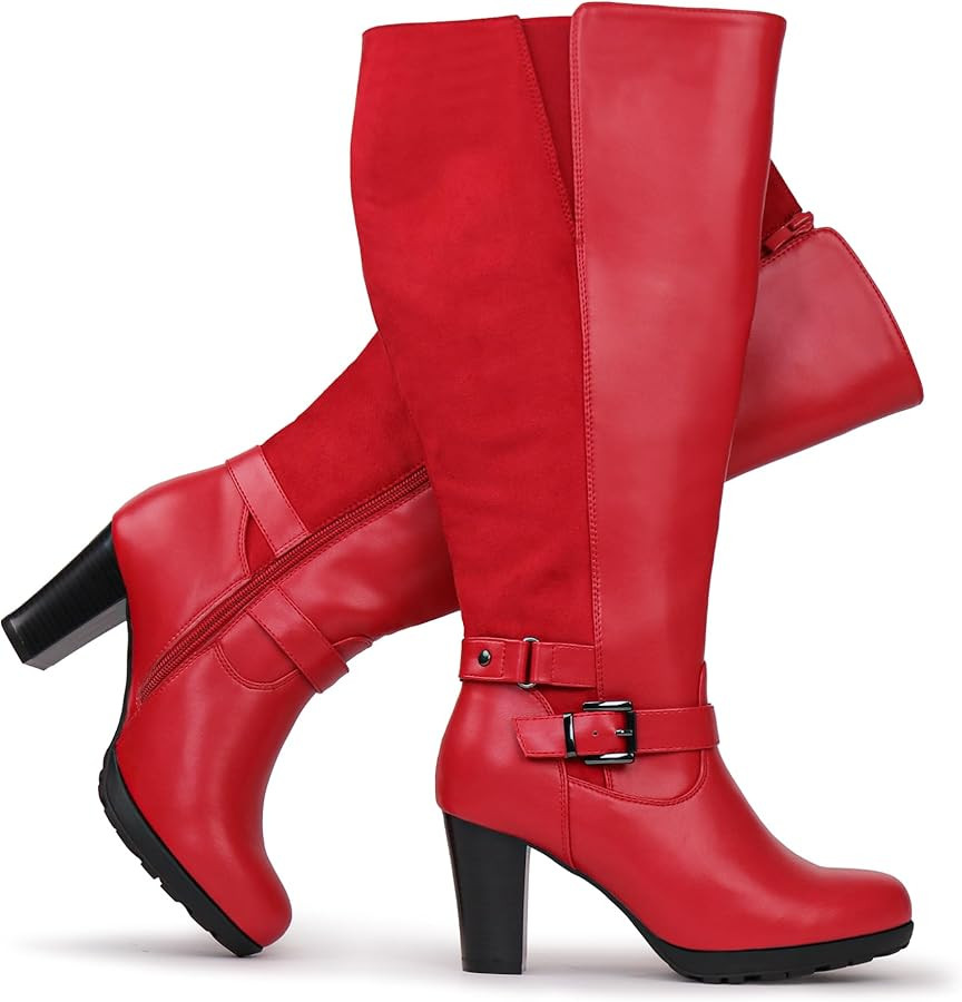 Damen-Stiefel in Übergröße, weiter Schaft, hoher Absatz, mit Knöchelschnalle | Amazon (DE)