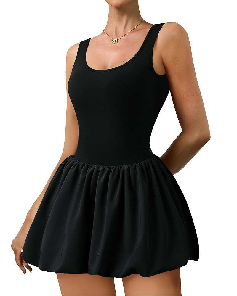 Women's Bubble Hem Tennis Dress U Neck Sleeveless Athletic Dress Built in Shorts with Pockets Gol... | Amazon (US)