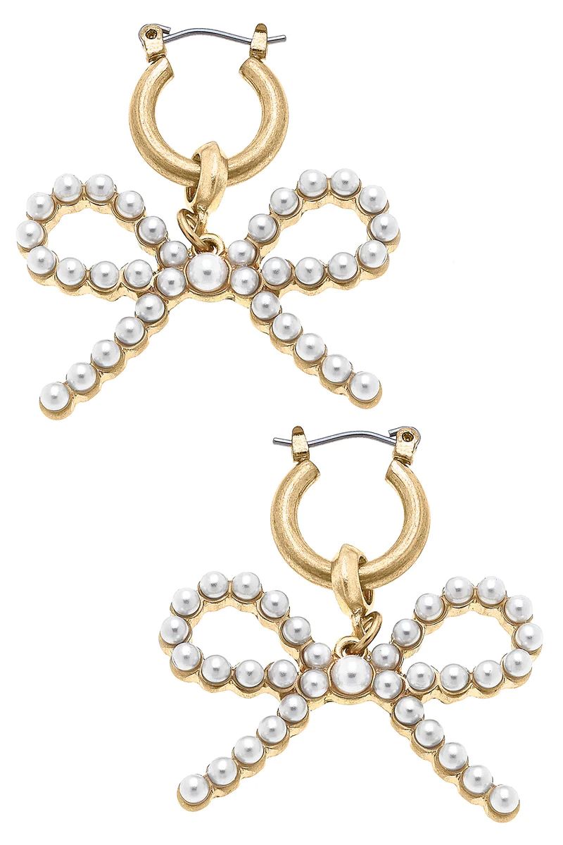 Kellie Pearl-Studded Bow Drop Earrings in Ivory | CANVAS