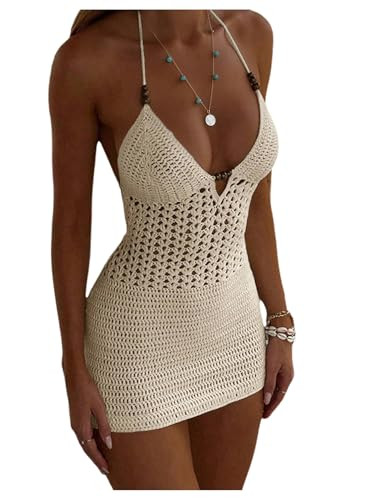 SweatyRocks Women's Open Back Deep V Neck Beach Vacation Cover Ups Crochet Halter Mini Dress | Amazon (US)