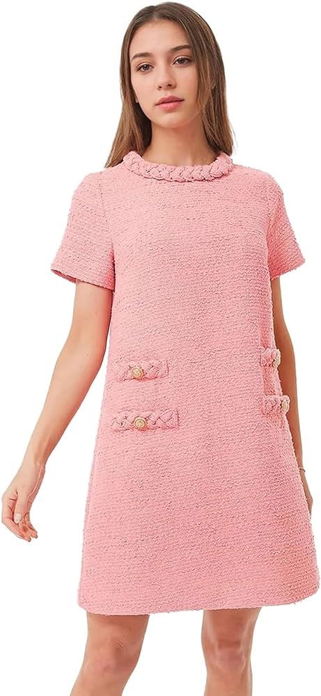 Women's Tweed Dress Short Sleeve Crew Neck A-line Party Vintage Mini Skirt Causal Dresses | Amazon (US)