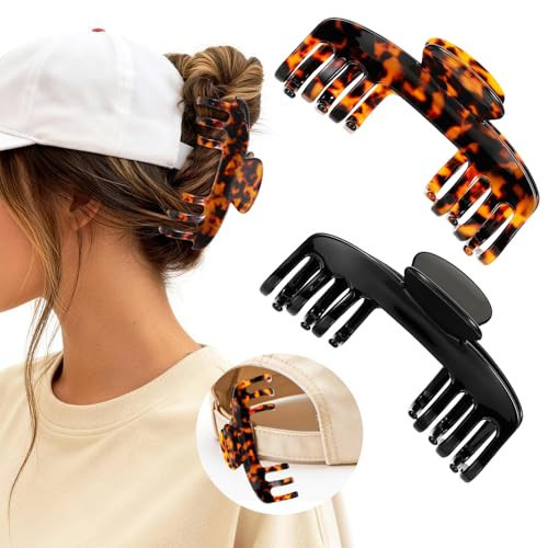 2 Pcs Large Hat Claw Clips for Women, Trucker Hat Hair Clips for Baseball Cap, Acetate Tortoise Shell Non-Slip Strong Hold Hat Hair Claw Clips, Fit for Thin Hair Hat Hairstyles, Black & Leopard Print | Amazon (US)