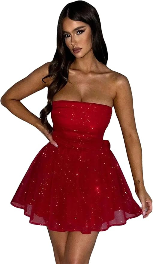 Mesh Strapless Sparkle Sexy Mini Dress for Women Backless Bow Pleated Dresses Party Dress | Amazon (US)