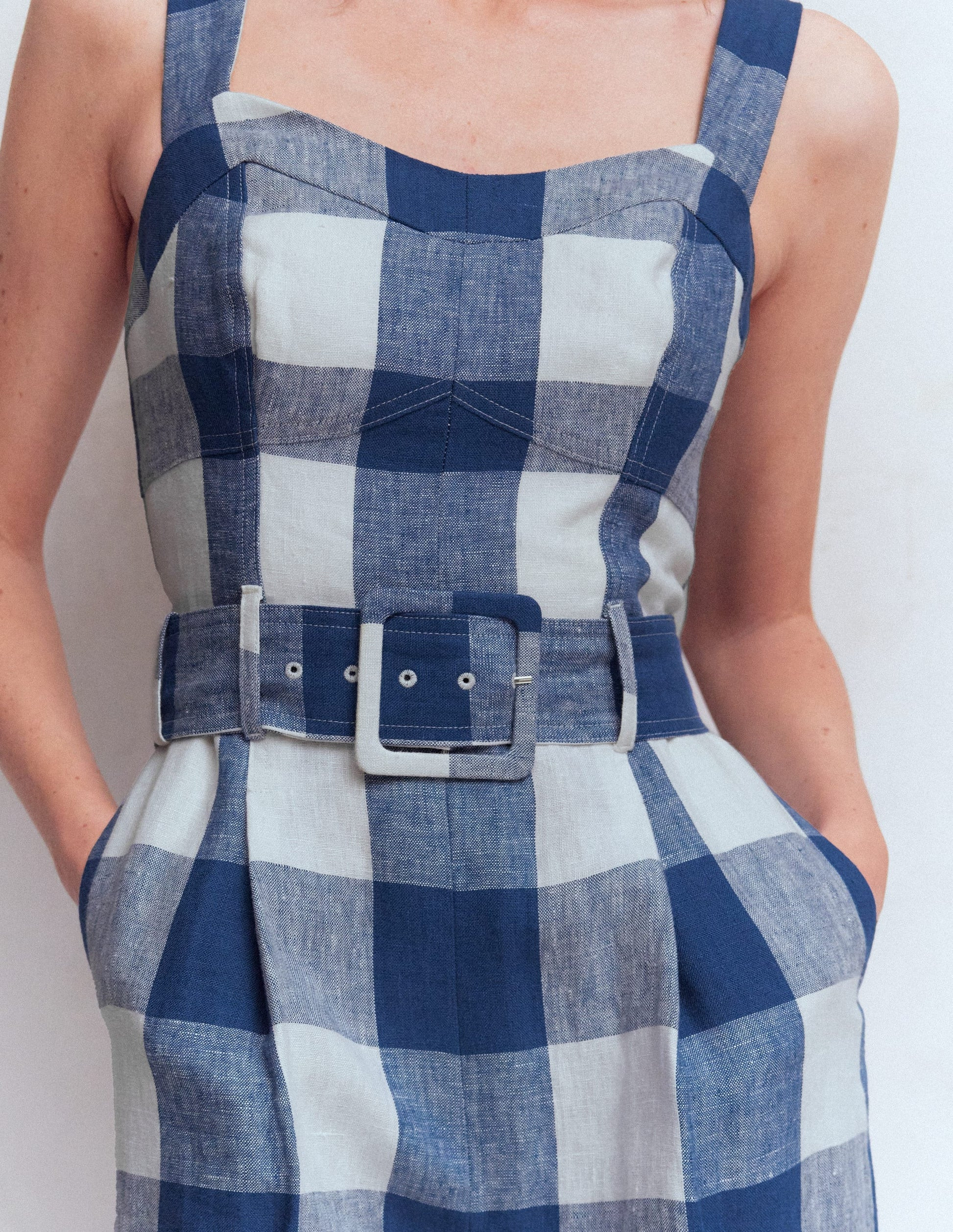 Panelled Bodice Linen Jumpsuit-Denim Blue Gingham | Boden (US)