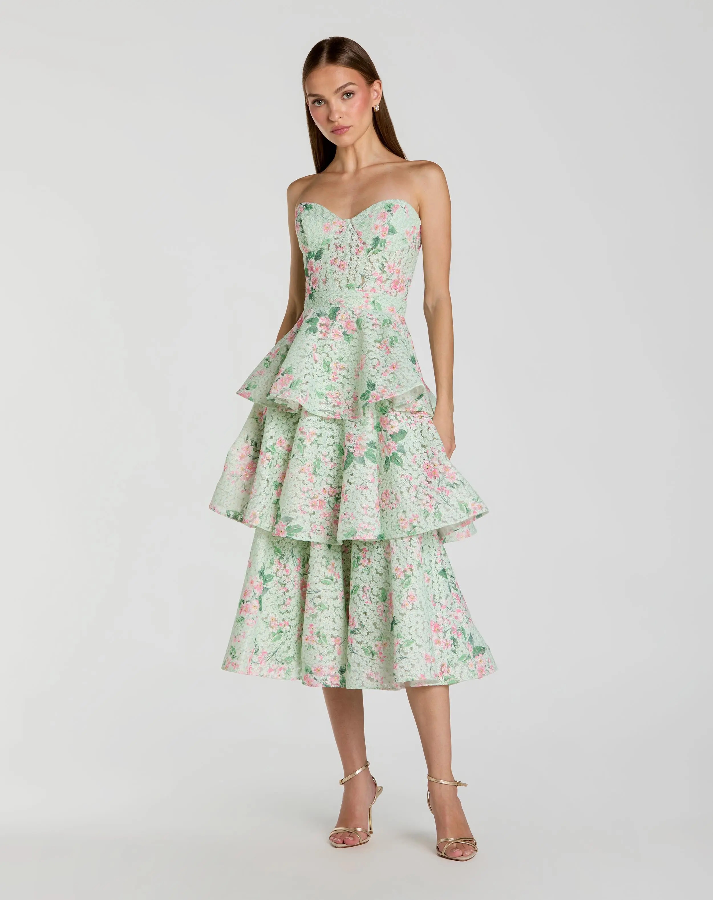 Green Floral Tiered Strapless Midi Dress | Mac Duggal | Mac Duggal
