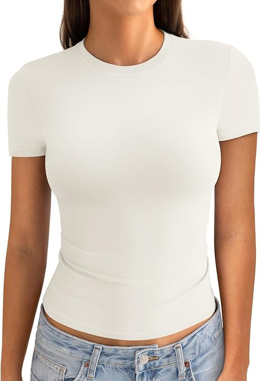 Cotton Crew Neck Short Sleeve Shirts Crop Tops Tee | Amazon (US)