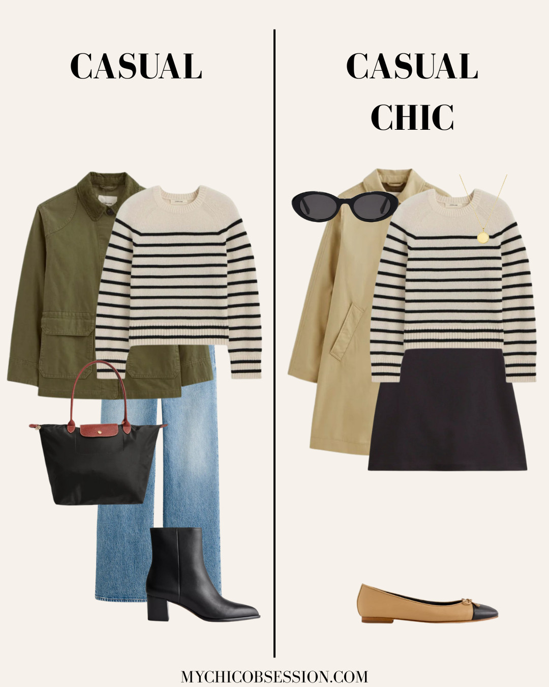 Take your look from casual to casual chic with a few simple swaps! For a more casual look, pair a striped sweater with a barn jacket, jeans, ankle boots and a tote bag. For a chic twist, add a Mac coat, cap-toed flats, minimalist gold jewelry and black oval sunglasses. 

 #LTKSeasonal