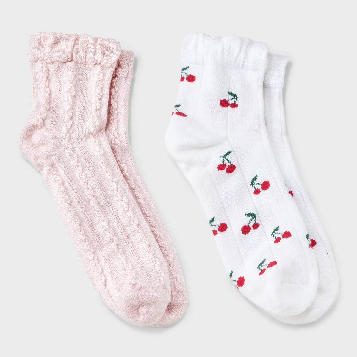 Women's Cherries 2pk Ankle Socks with Ruffle Cuff - Auden™ White/Pink 4-10: Knit Midweight, Sol... | Target