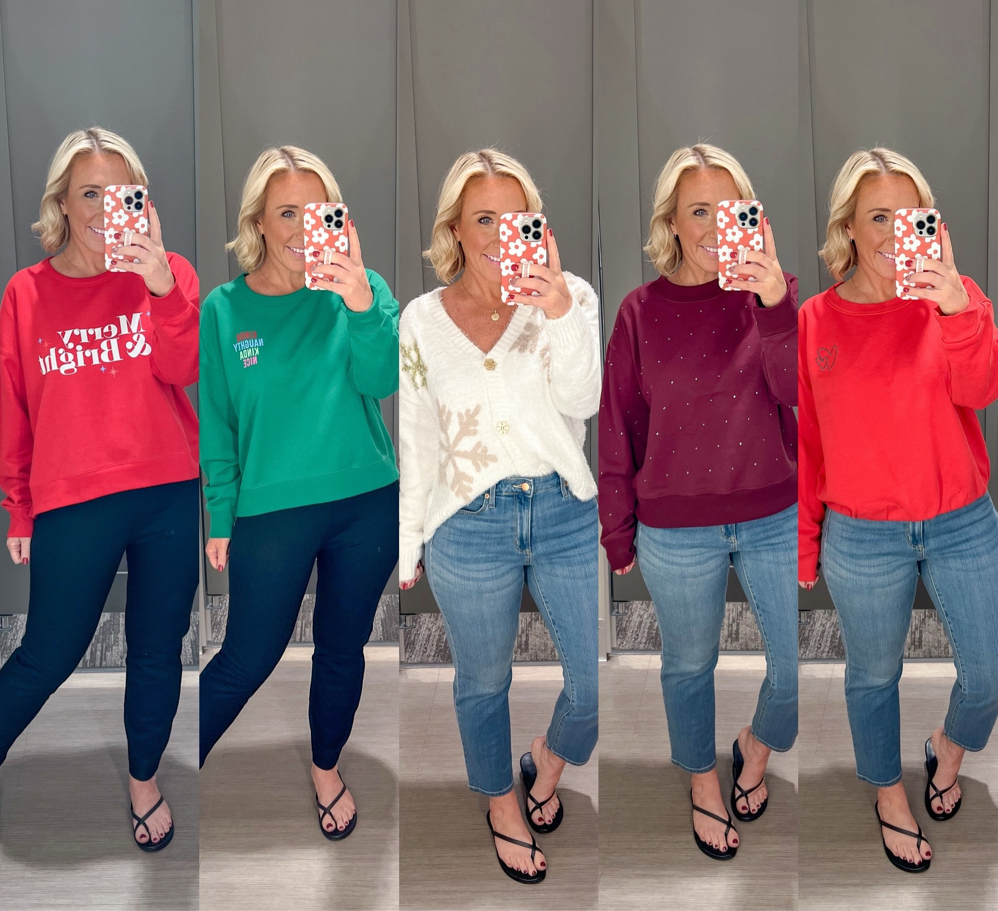 Holiday sweatshirts (and a cozy cardigan) from Target:
• Merry & Bright sweatshirt - size xl (bc that’s what they had).
• Kinda naughty kinda nice - size Large (I suggest sizing up for length).
• snowflake cardigan - sized up to a large. Love the snowflakes and is very cozy!
• jeweled sweatshirt - size medium. 
• embroidered heart sweatshirt - size medium. Has an elastic band at the bottom.
• black pants - size 6. Side zipper.
• jeans - size 6 (short length). 
•• Sandals - tts  

#LTKSeasonal #LTKHoliday #LTKfindsunder50