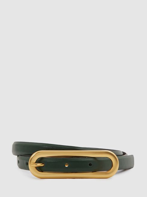 Reiss Green Chaya Thin Leather Elongated Buckle Belt | Reiss US